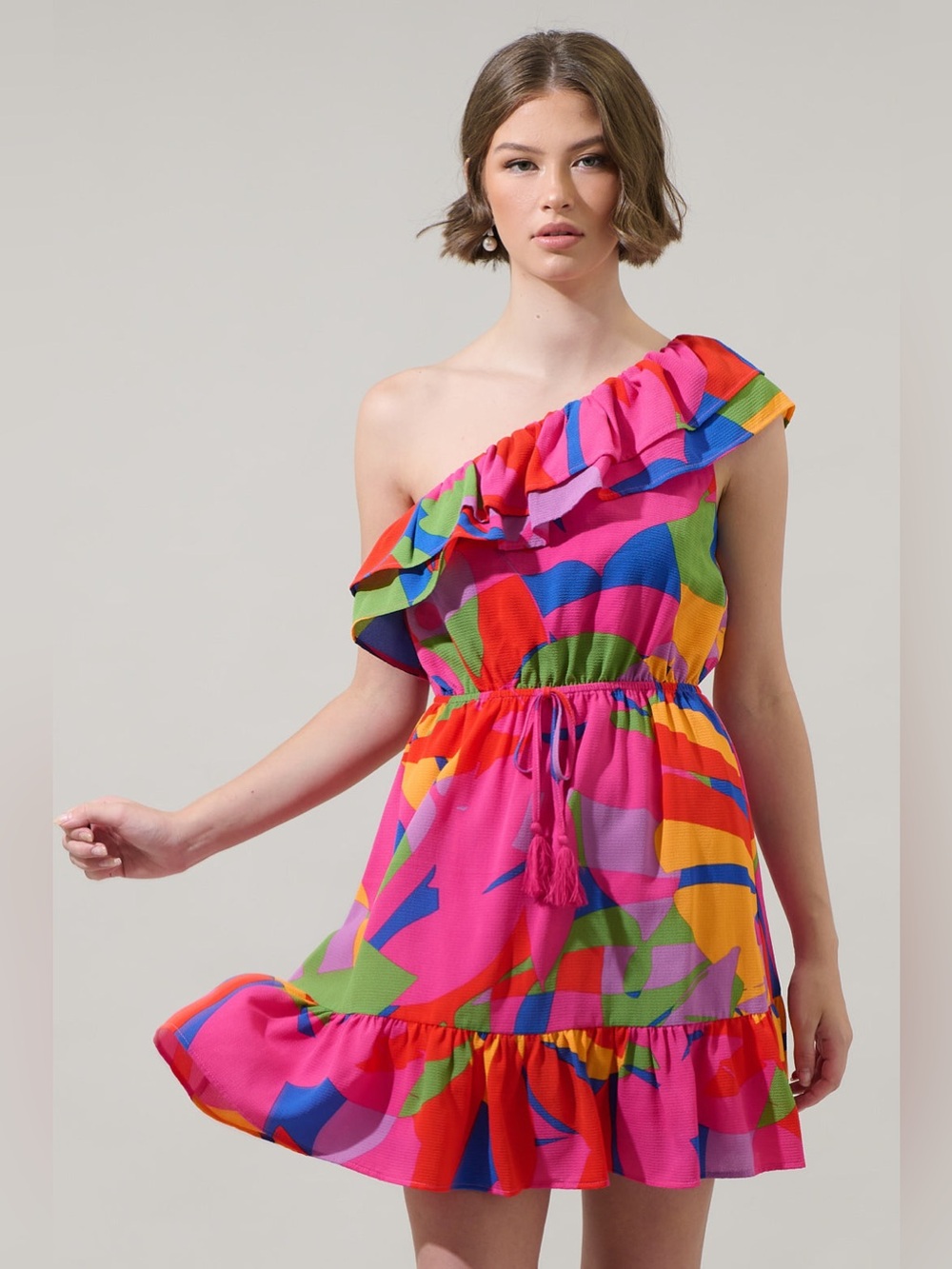 Sugarlips One-Shoulder Pink Multi-Color Ruffle Mini Dress